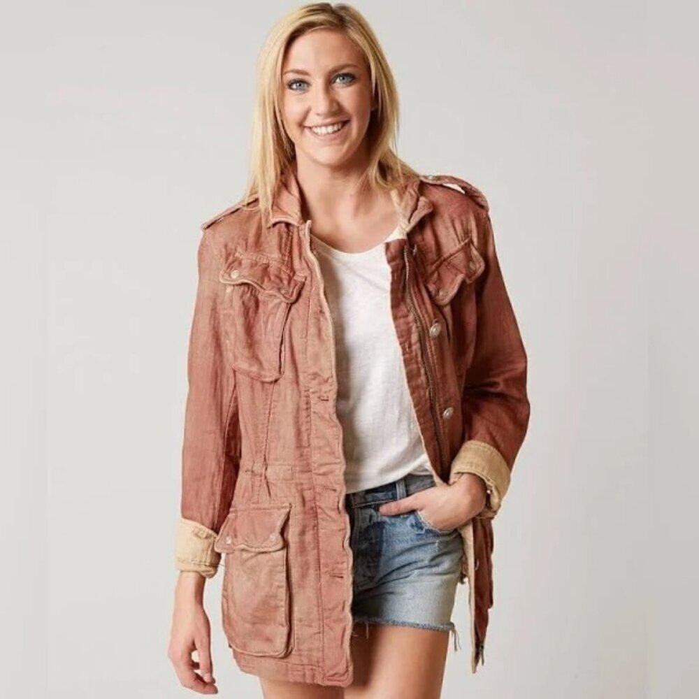 FREE PEOPLE Rose Pink Double Cloth Military Jacket Pockets Cinch Tie Waist Sz XS